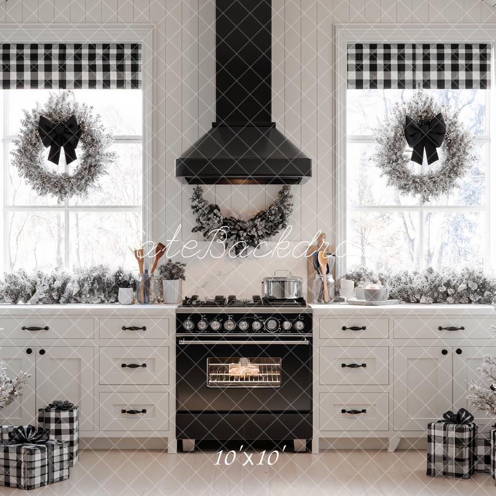 Kate Christmas Kitchen Black White Trees Wreaths Gifts Backdrop Designed by Ashley Paul