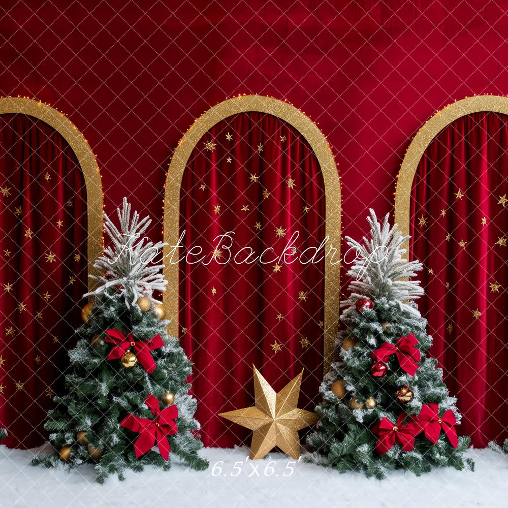 Kate Christmas Red Gold Arch Snowy Trees Bow Backdrop Designed by Patty Roberts