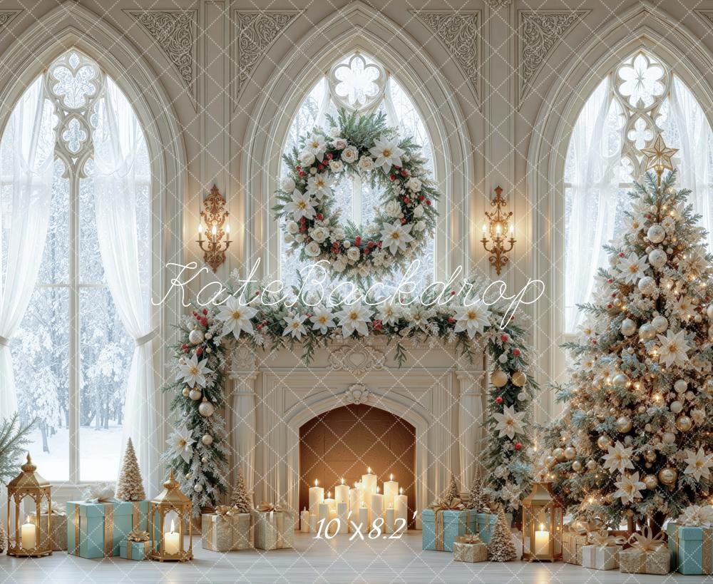Kate Christmas Cathedral Fireplace Wreath Tree Printed Backdrop Designed by Mini MakeBelieve