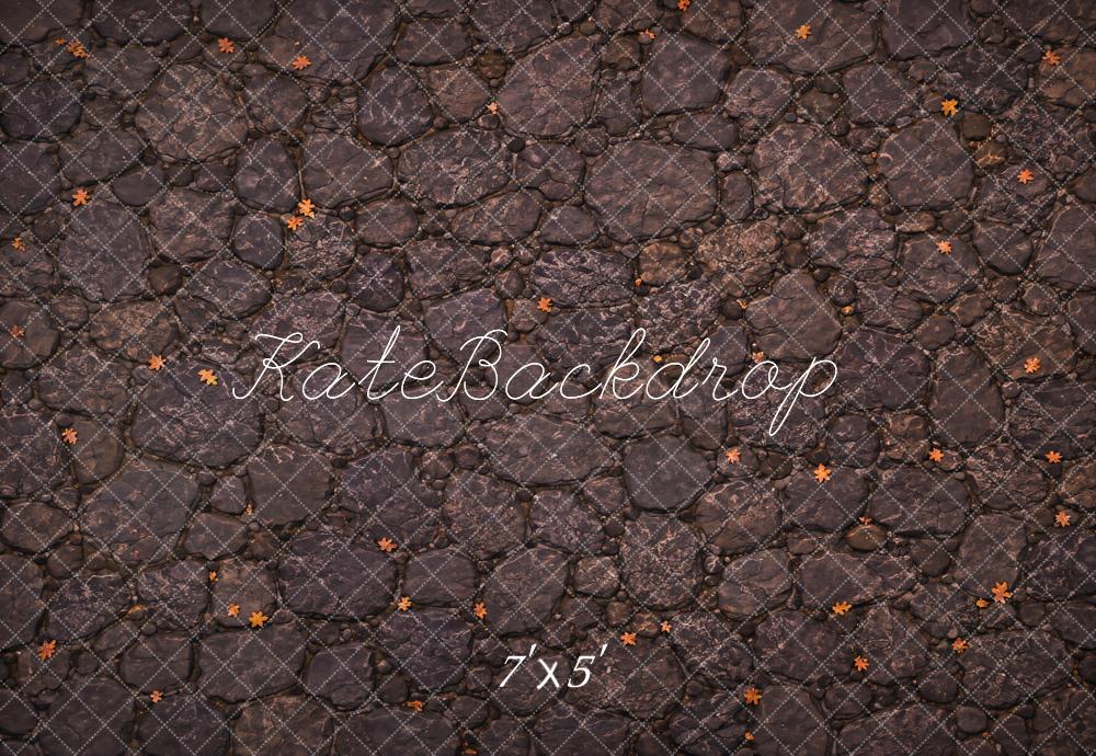 Kate Fall Dark Gray Cobblestone Fallen Leaves Floor Printed Backdrop Designed by Kate Image