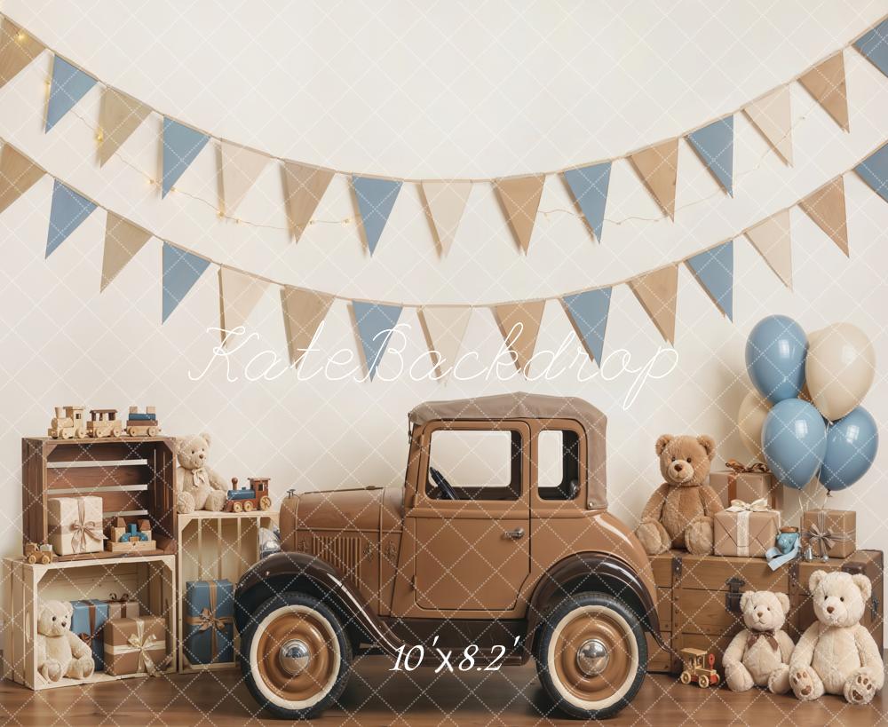 Kate Cake Smash Vintage Car Teddy Bear Blue Bunting Balloons Printed Backdrop Designed by Emetselch