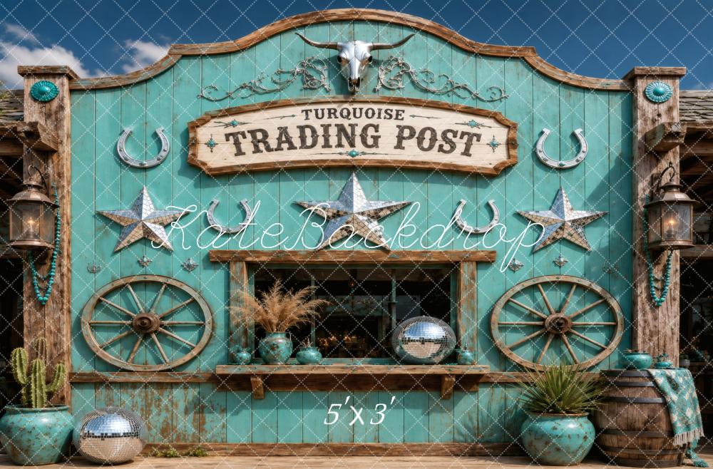 Kate Turquoise Western Trading Post Wagon Wheels Stars Horseshoes Printed Backdrop Designed by Vertigo Productions