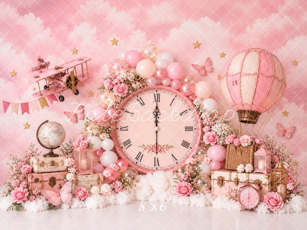 Kate Cake Smash Pink Vintage Clock Floral Hot Air Balloon Travel Printed Backdrop Designed by Ashley Paul