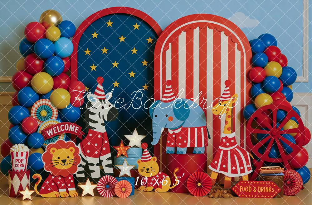 Kate Cake Smash Circus Animals Balloon Printed Backdrop Designed by Mini MakeBelieve