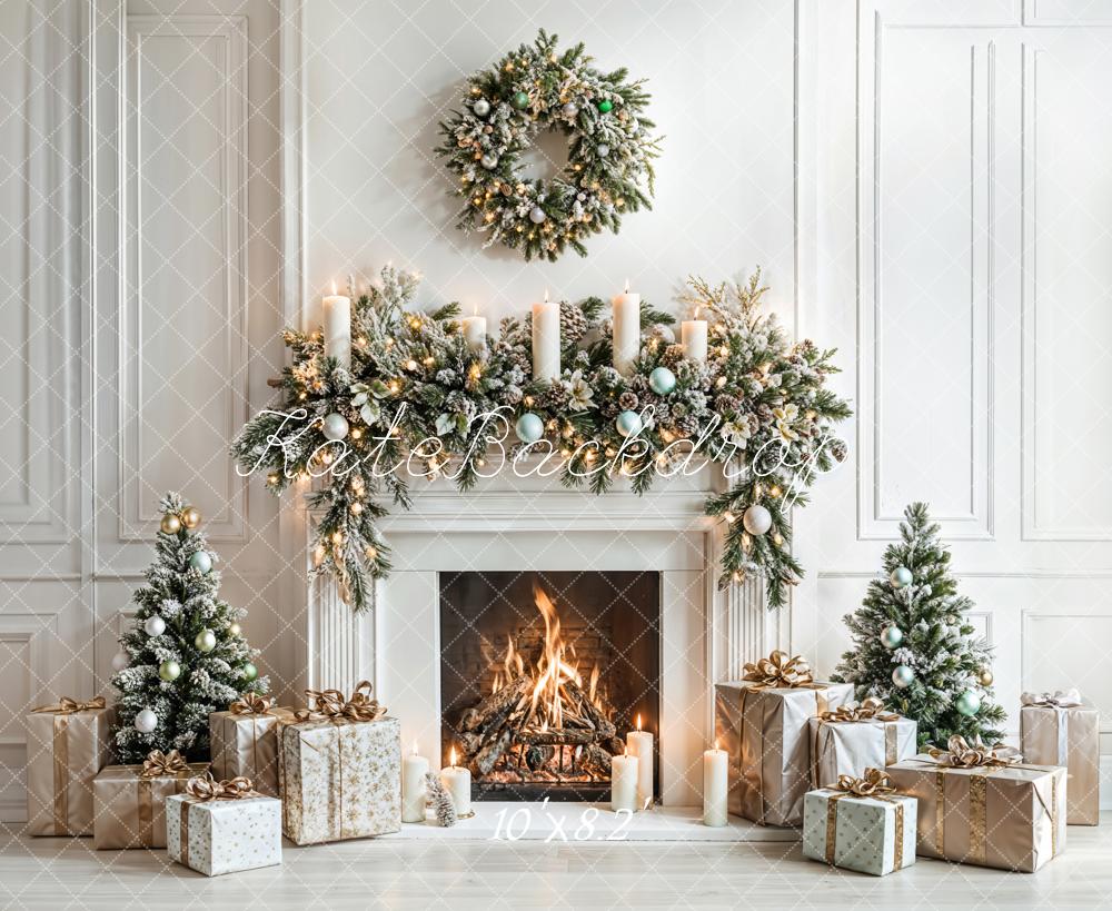 Kate Christmas White Fireplace Gifts Wreath Backdrop Designed by Emetselch