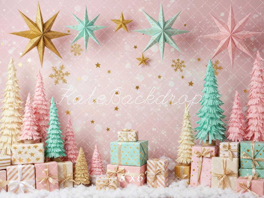Kate Christmas Pink Pastel Trees Gold Stars Gift Boxes Backdrop Designed by Patty Roberts