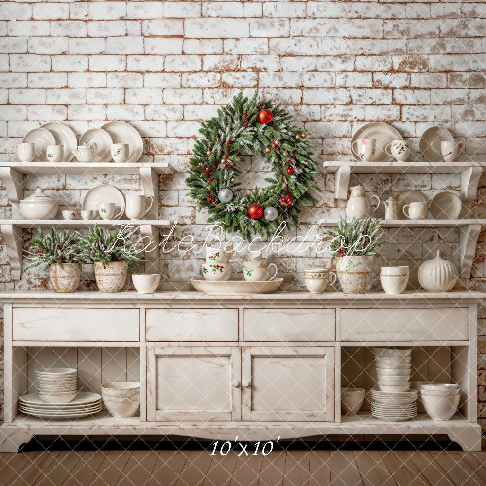 Kerst White Cabinet Brick Wall Wreath Foto Achtergrond Designed by Emetselch