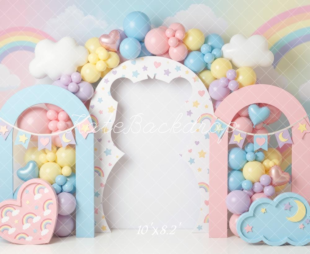 Kate Cake Smash Pastel Rainbow Balloon Heart Cloud Arches Printed Backdrop Designed by Mini MakeBelieve