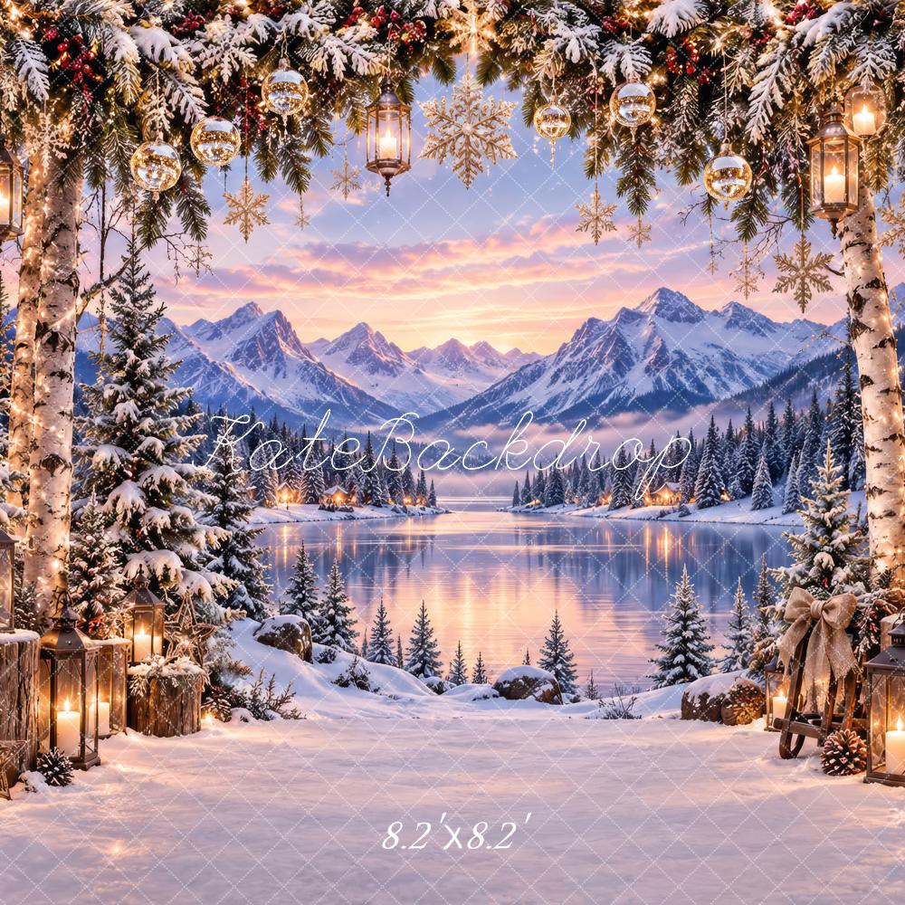 Kate Christmas Snowy Trees Mountain Lake Lanterns Printed Backdrop Designed by Laura Bybee
