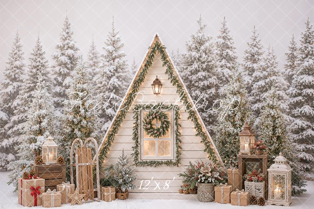 Kate Christmas Rustic Cabin Snowy Trees Lanterns Gifts Printed Backdrop Designed by Emetselch
