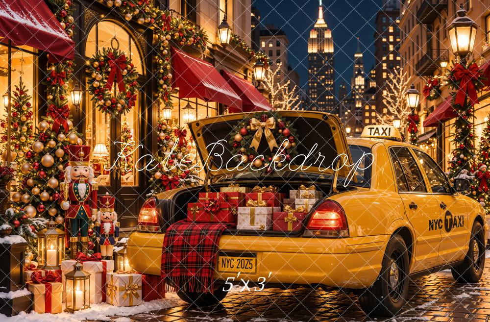 Kate Christmas Urban Yellow Taxi Gift City Street Shop Printed Backdrop Designed by Emetselch