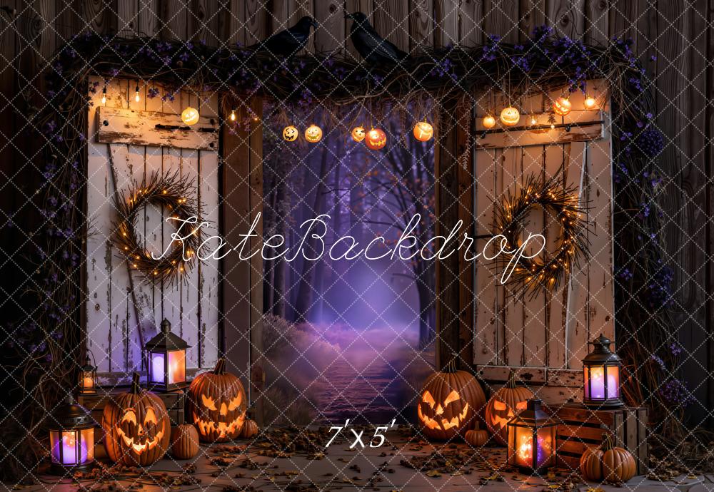 Kate Halloween Night Haunted Barn Doors Jack-o-Lanterns Printed Backdrop Designed by Emetselch