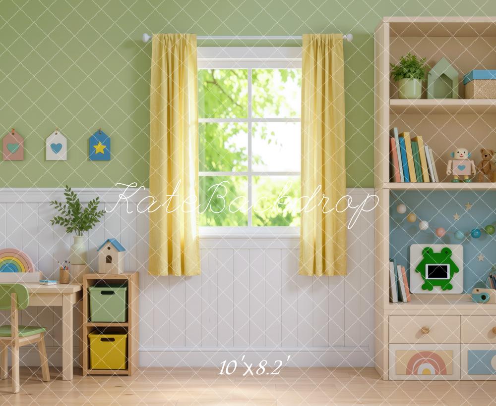 Kate Kids Toys Playroom Window Cabinet Desk Printed Backdrop Designed by Mini MakeBelieve