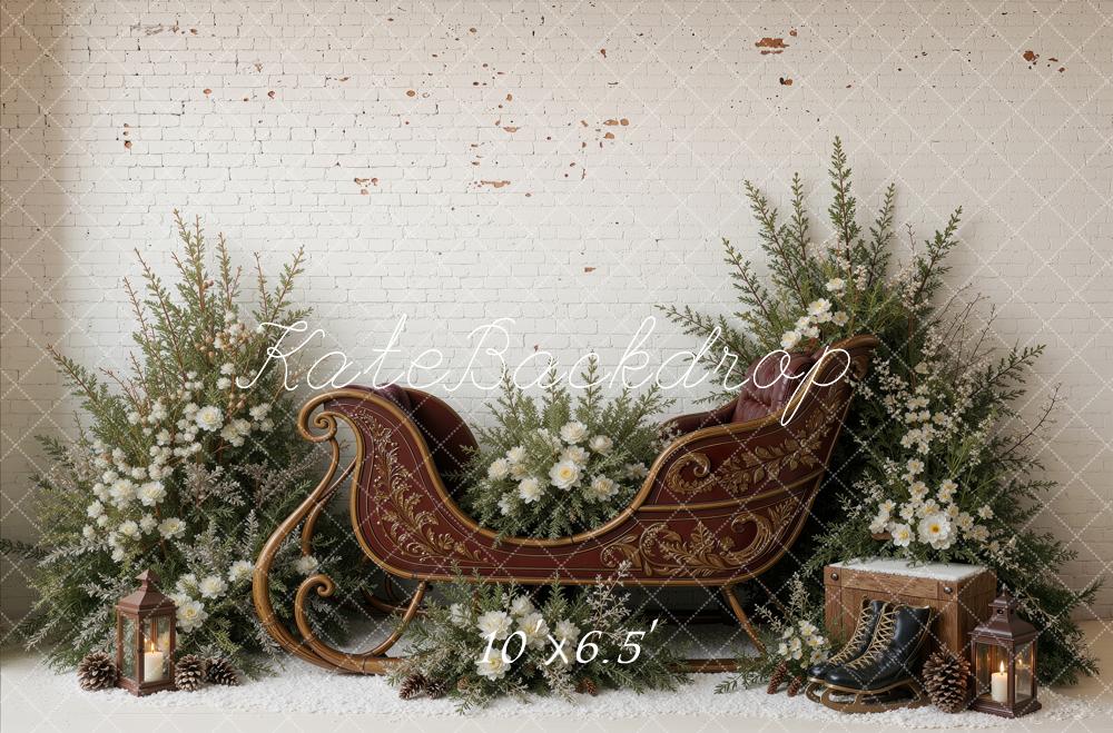 Kate Christmas Sleigh White Flowers Pine Greenery Brick Wall Printed Backdrop Designed by Ashley Ward