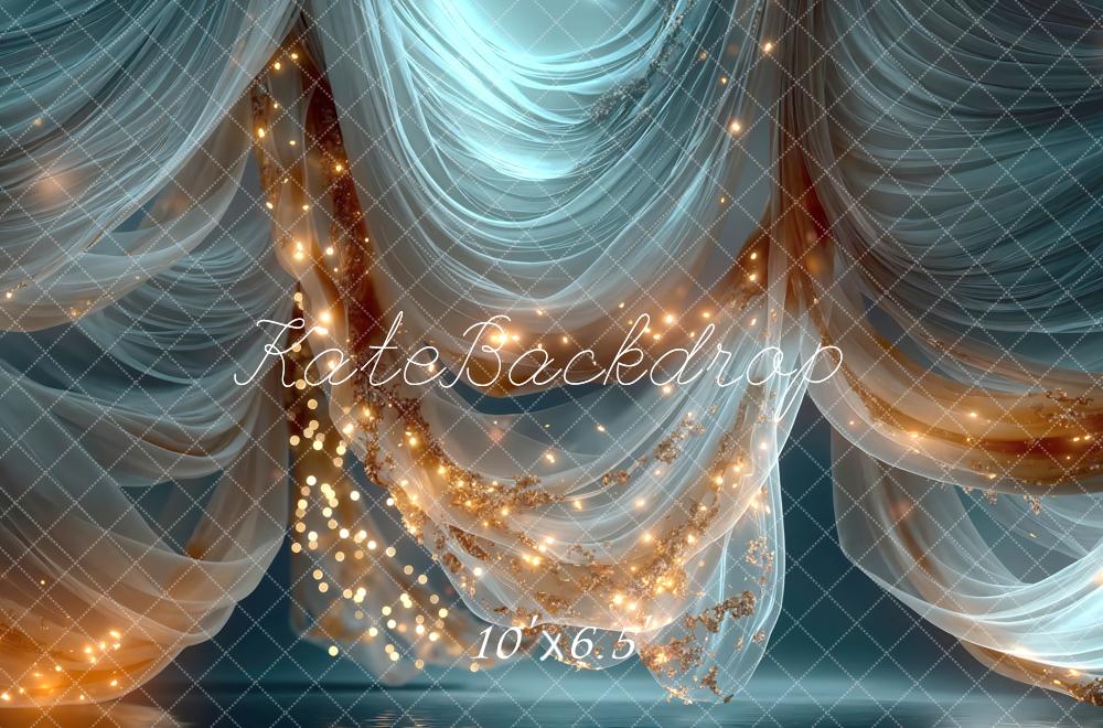 Kate Blue Sheer Drapes with String Lights Printed Backdrop Designed by Mini MakeBelieve