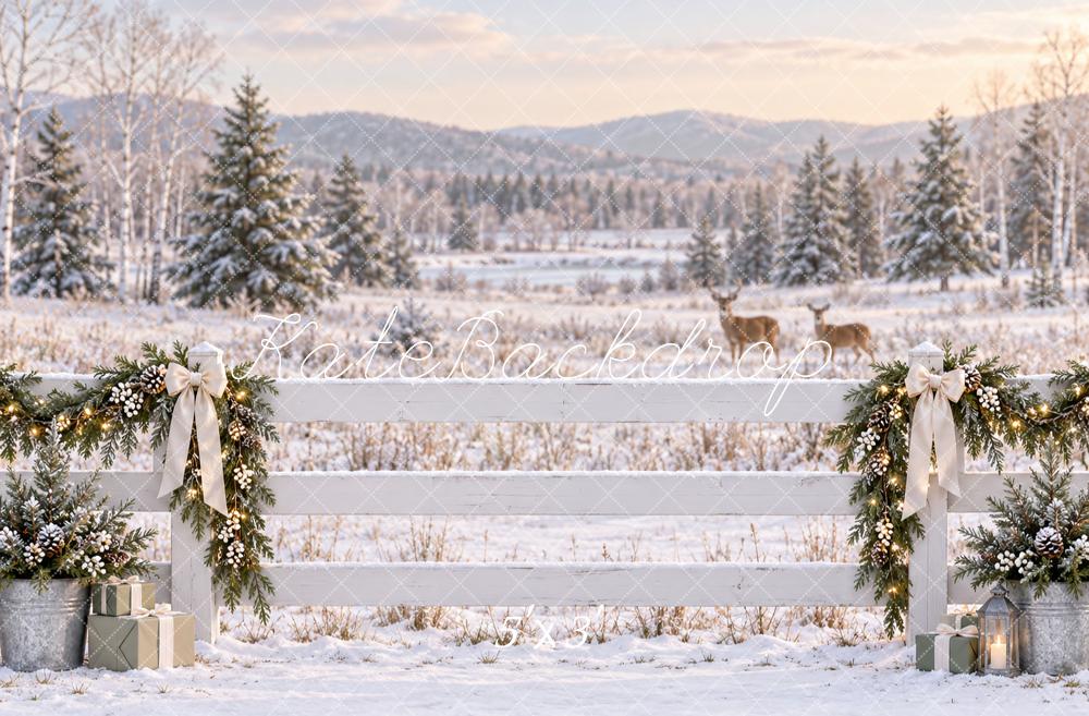 Kate Christmas Snowy Fence Deer Evergreen Garland Printed Backdrop Designed by Vertigo Productions