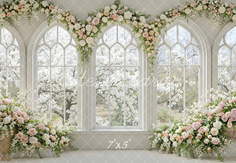Kate Spring Flower Arch Large Windows White Pink Roses Backdrop Designed by Mini MakeBelieve