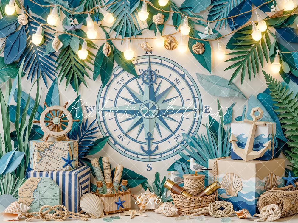 Kate Summer Nautical Compass Anchor Tropical Leaves Printed Backdrop Designed by Emetselch