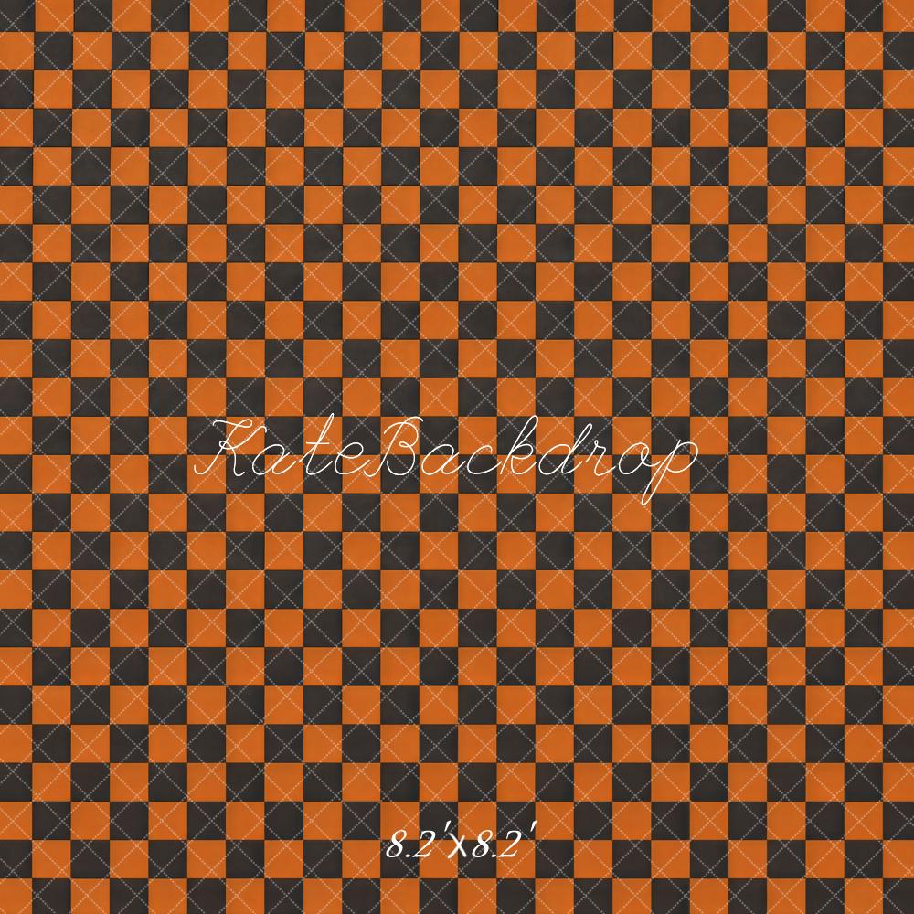 Kate Orange Black Checkerboard Pattern Floor Printed Backdrop Designed by Mini MakeBelieve