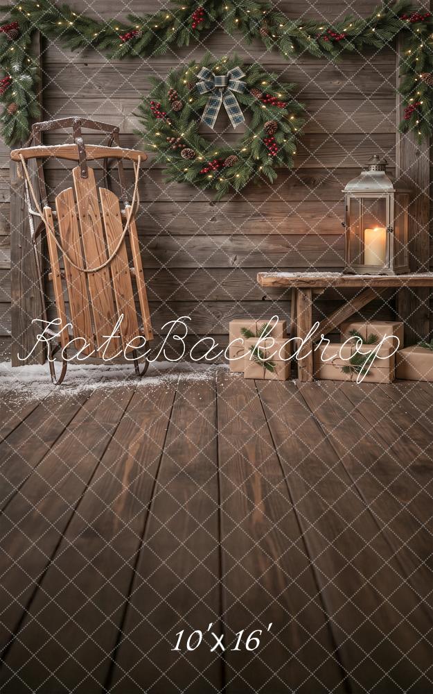 Kate Sweep Christmas Sled Wreath Wooden Wall Printed Backdrop Designed by Angela Miller
