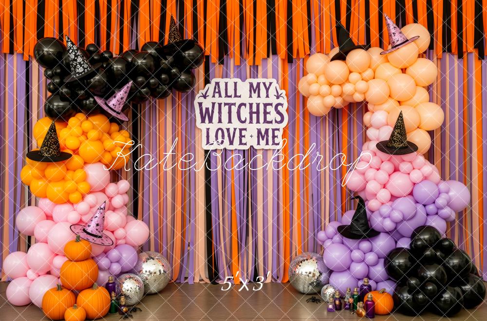 Kate Halloween Balloon Arch Witch Hat Pumpkins Orange Purple Backdrop Designed by Patty Roberts