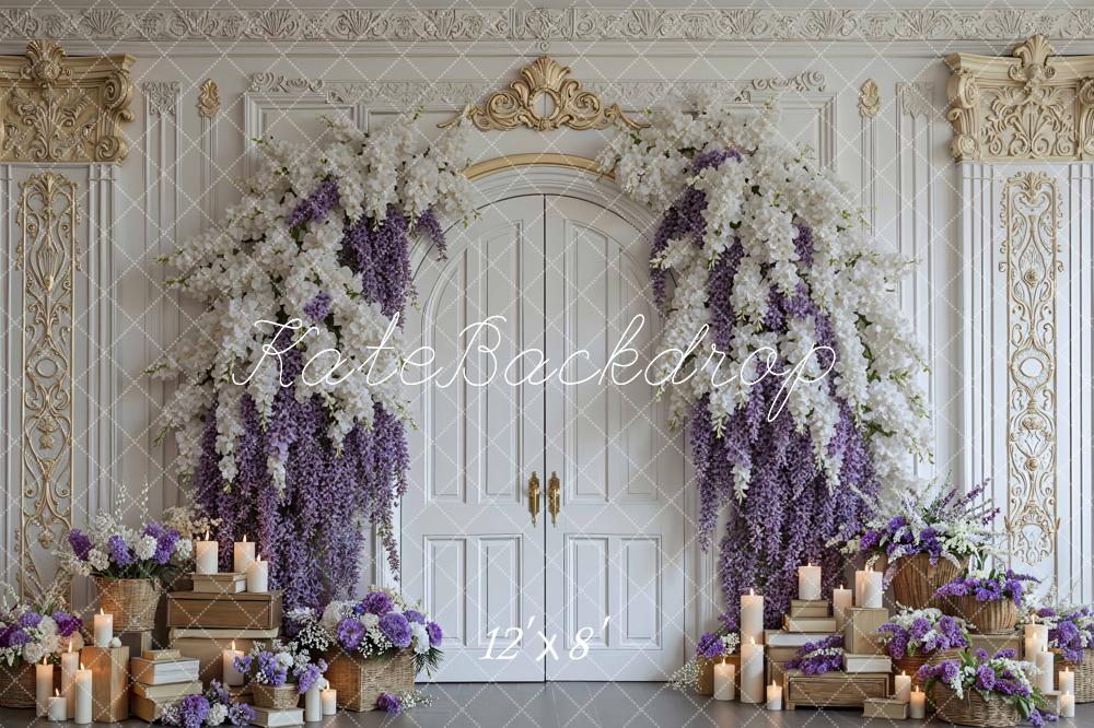 Kate Flower Arch Ornate White Door Purple Wisteria Backdrop Designed by Mini MakeBelieve
