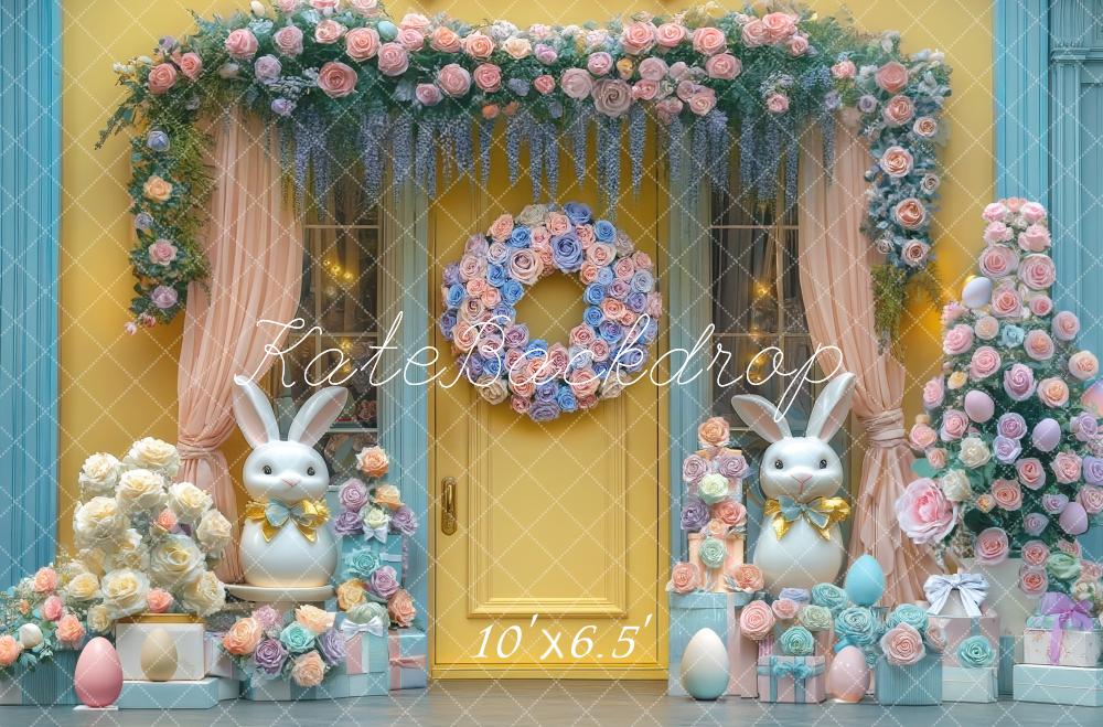 Fondo de puerta amarilla de conejo de Pascua floral diseñado por Mini MakeBelieve
