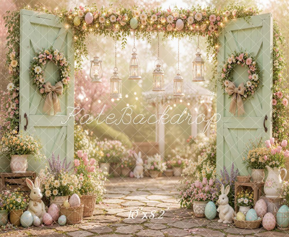 Kate Easter Spring Mint Green Door Floral Bunny Garden Printed Backdrop Designed by Emetselch