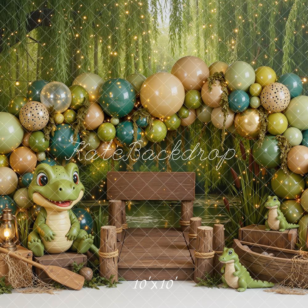 Kate Cake Smash Jungle Gator Dock Balloon Arch Printed Backdrop Designed by Mini MakeBelieve