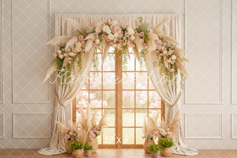 Kate Spring Flower Arch Window Curtains Pampas Grass Backdrop Designed by Emetselch