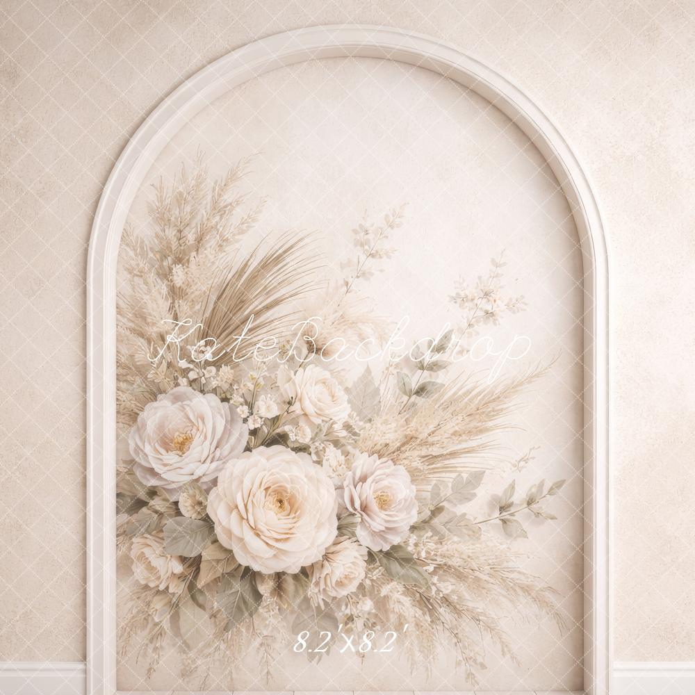 Kate Floral Cream Flower Arch with Pampas Grass Backdrop Designed by Megan Leigh Photography