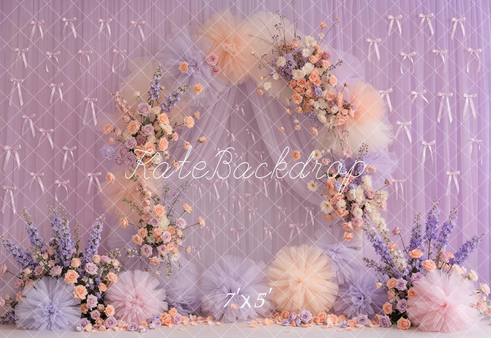 Kate Mother's Day Flower Arch Pastel Tulle Bows Purple Roses Backdrop Designed by Emetselch