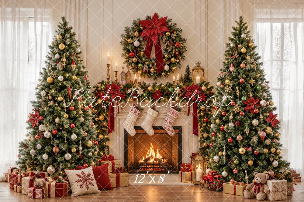 Kate Christmas Fireplace Ornaments Christmas Trees Wreath Printed Backdrop Designed by Emetselch