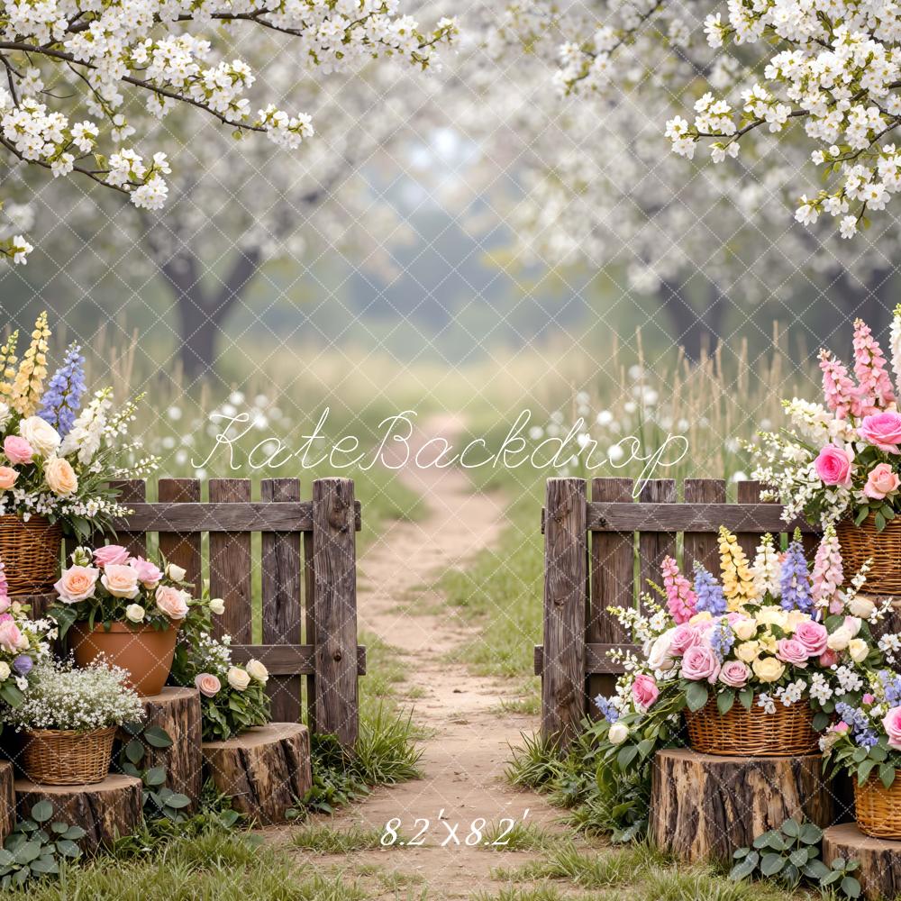 Kate Spring Blossom Garden Wooden Gate Flower Baskets Printed Backdrop Designed by Mini MakeBelieve