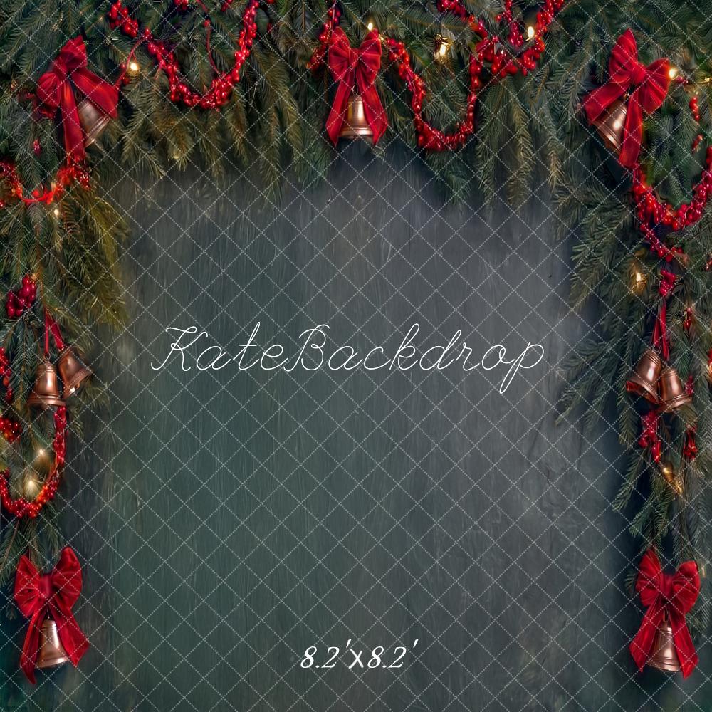 Kate Christmas Evergreen Garland Red Bows Bells Printed Backdrop Designed by Angela Miller