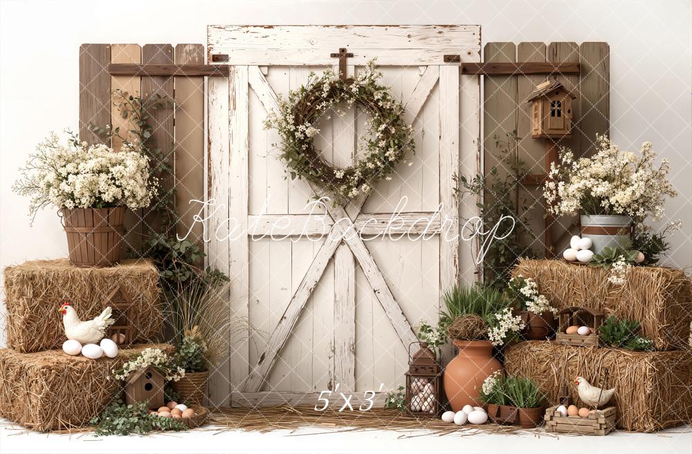 Kate Easter Rustic Barn Door Hay Bales Eggs Chickens Flowers Backdrop Designed by Emetselch