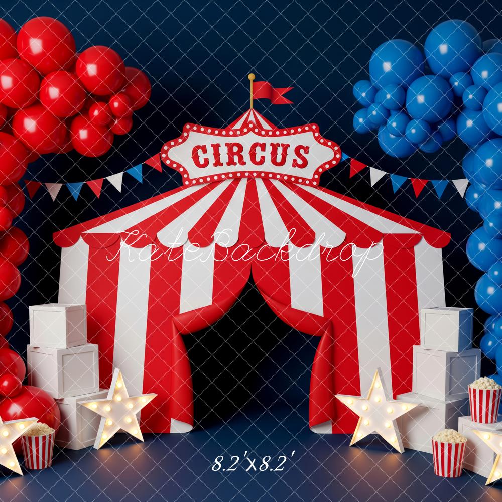 Kate Cake Smash Circus Tent Red Blue Balloon Popcorn Stars Printed Backdrop Designed by Patty Roberts