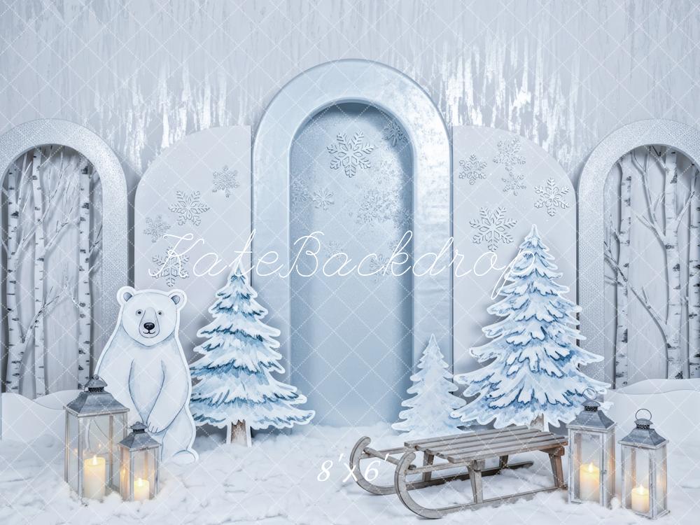 Kate Winter Cake Smash Polar Bear Snowy Trees Sled Printed Backdrop Designed by Patty Roberts