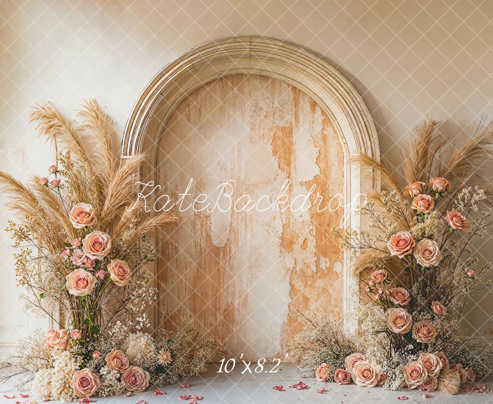 Kate Boho Flower Arch Pampas Grass Beige Roses Vintage Wall Backdrop Designed by Emetselch
