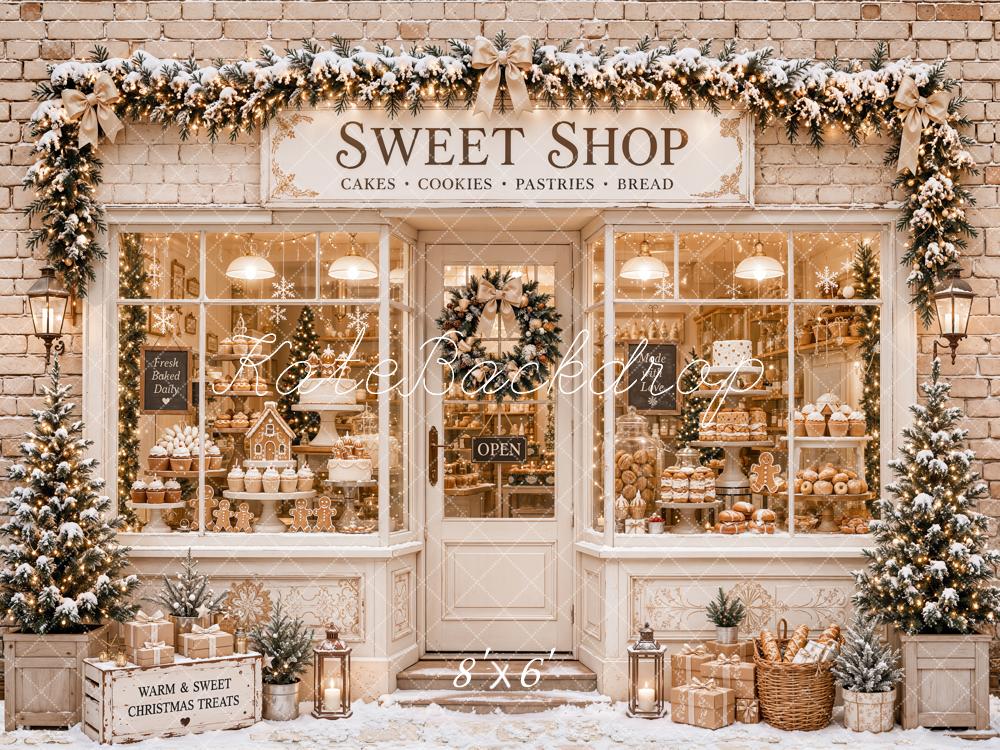 Kate Christmas Sweet Shop Bakery Gingerbread Snow Brick Wall Garland Printed Backdrop Designed by Emetselch