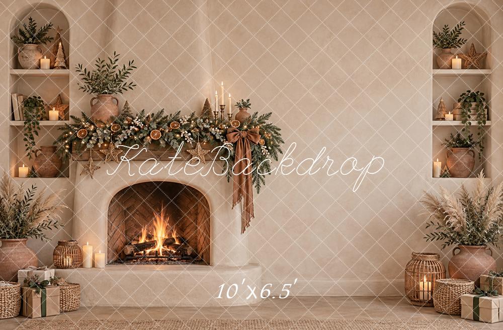 Kate Christmas Boho Beige Fireplace Garland Neutral Mantel Printed Backdrop Designed by Vertigo Productions