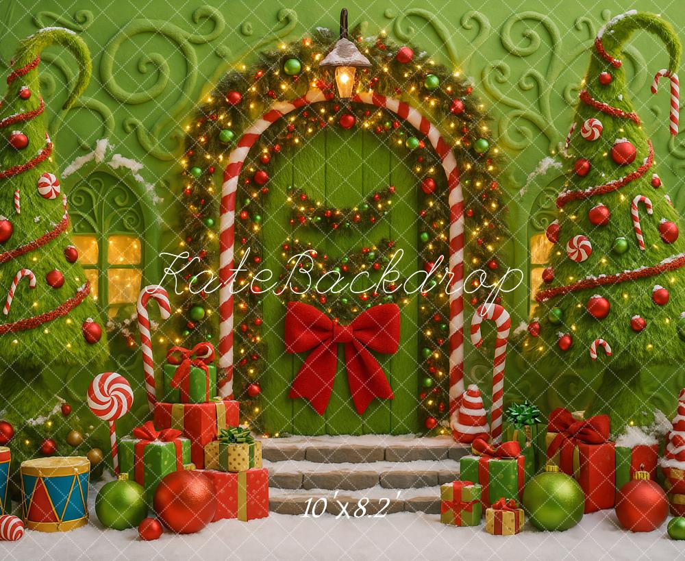 Kate Christmas Witch Door Green Candy Arch Trees Gifts Backdrop Designed by Ashley Paul
