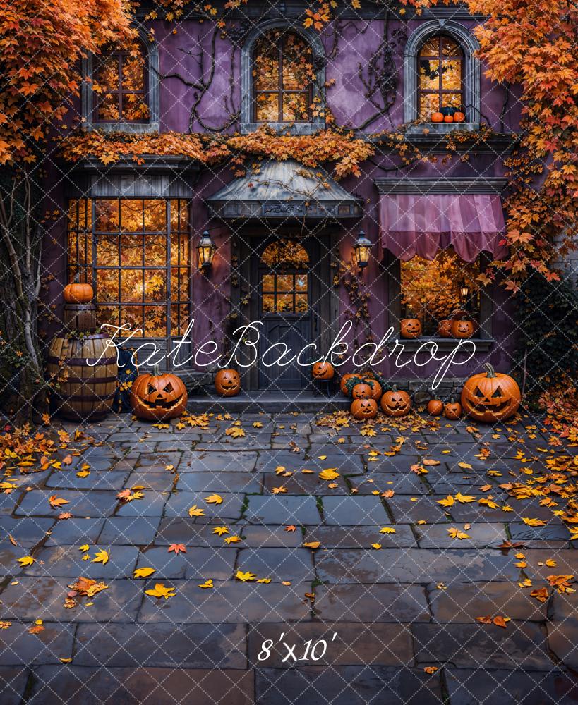 Fondo de calabazas y hojas caídas de Halloween Cottage diseñado por Emetselch