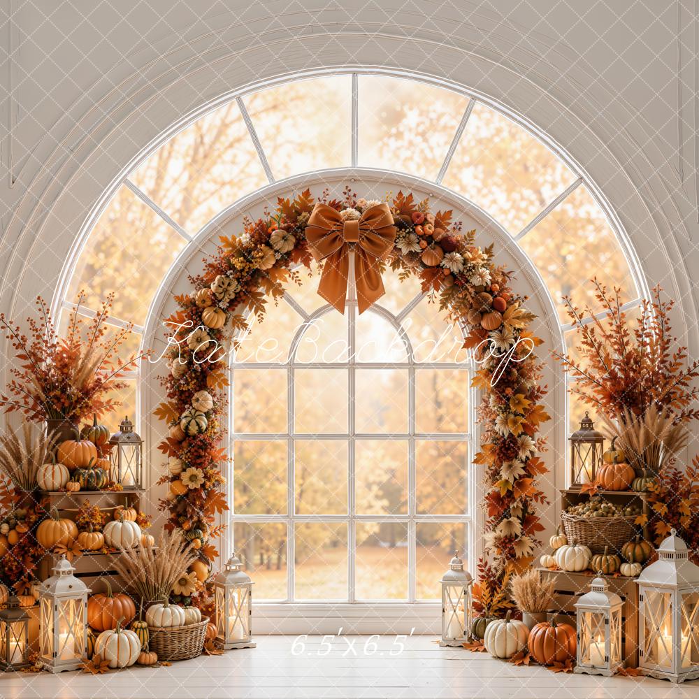 Kate Fall Pumpkin Flower Arch Window White Printed Backdrop Designed by Emetselch