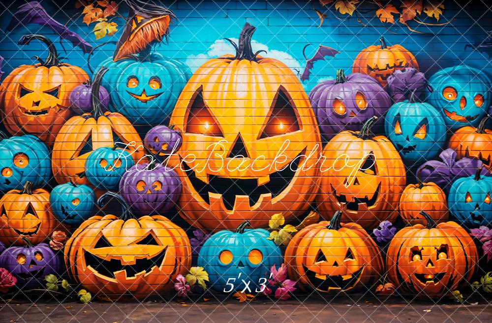 Kate Halloween Graffiti Wall Pumpkin Lanterns Printed Backdrop Designed by Emetselch