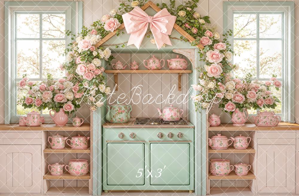 Kate Spring Flower Arch Vintage Kitchen Pastel Teapots Backdrop Designed by Emetselch