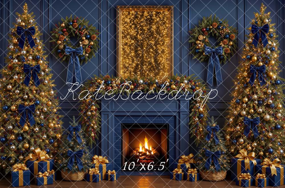 Kate Christmas Blue Bow Gold Trees Fireplace Wreath Printed Backdrop Designed by Mini MakeBelieve
