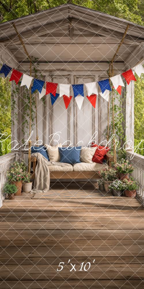 Kate Sweep 4th of July Porch Swing Red White Blue Bunting Plants Printed Backdrop Designed by Happy Squirrel Design