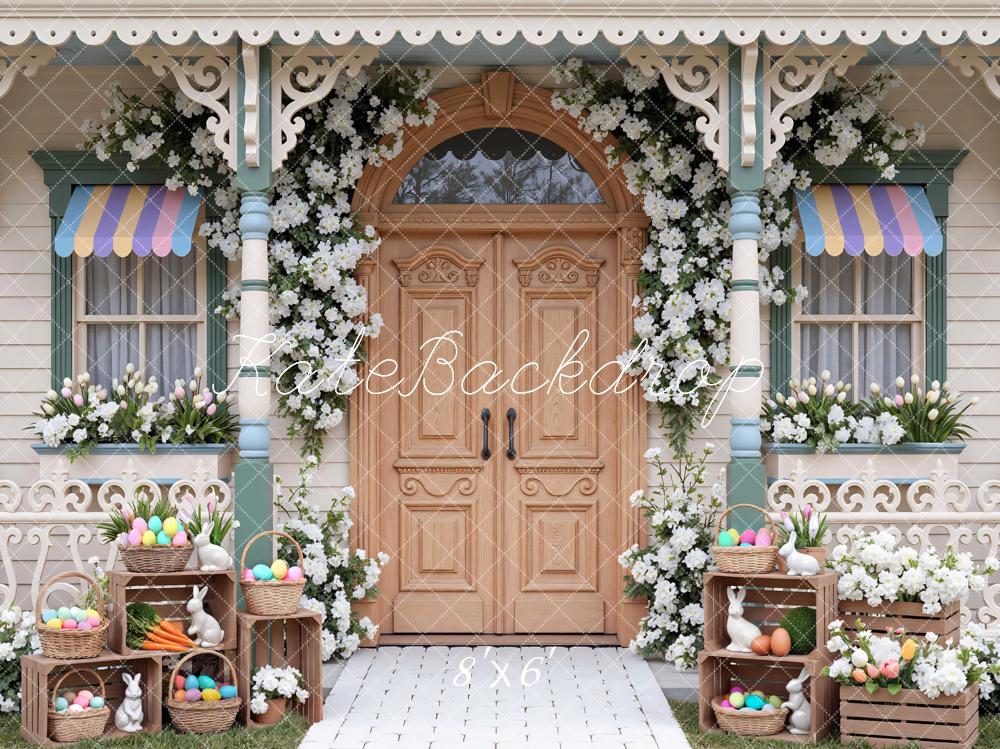 Kate Easter Bunny Eggs Floral Porch Printed Backdrop Designed by Mini MakeBelieve
