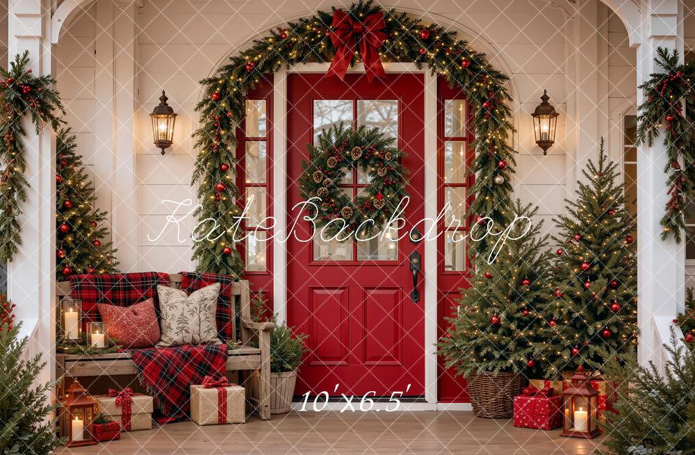 Kate Christmas Red Door Front Porch Garland Trees Gifts Printed Backdrop Designed by Shutter Swan Studios